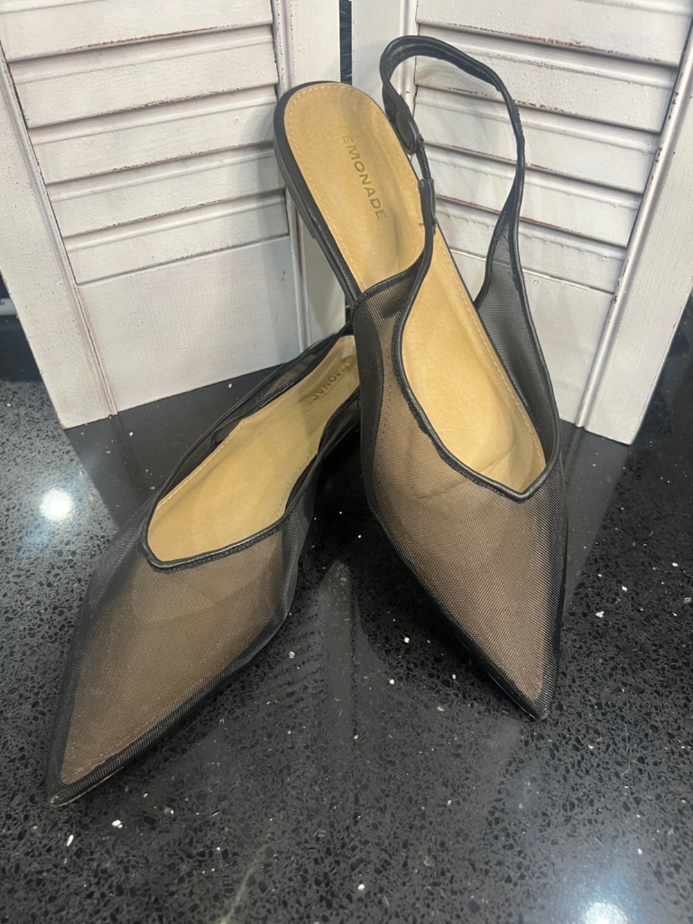 Lemon Black Mesh Pointed Slingback Flats